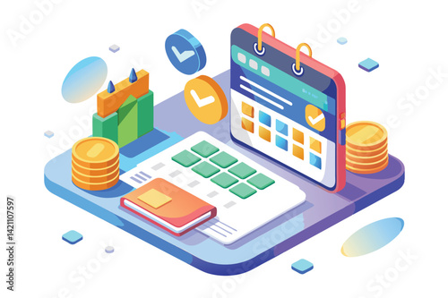 Illustration of a digital planner with a calendar, graphs, and coins representing financial planning and time management.