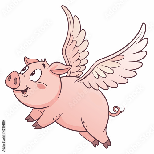 Create a vector illustration of a bold-outlined, cartoon pig flying, in a dynamic pose, with a playful expression.  Use a 2D style.