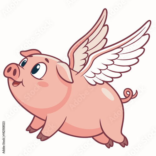 Create a vector illustration of a bold-lined, cartoon pig flying with exaggerated features.  Include vibrant colors and a playful style.