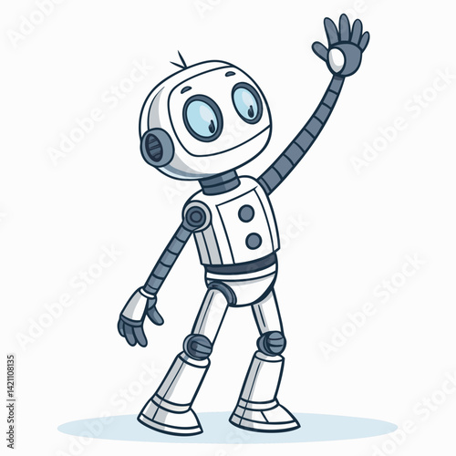 Create a vector illustration of a bold-lined, 2D cartoon robot with exaggerated features, showcasing a friendly and approachable demeanor.