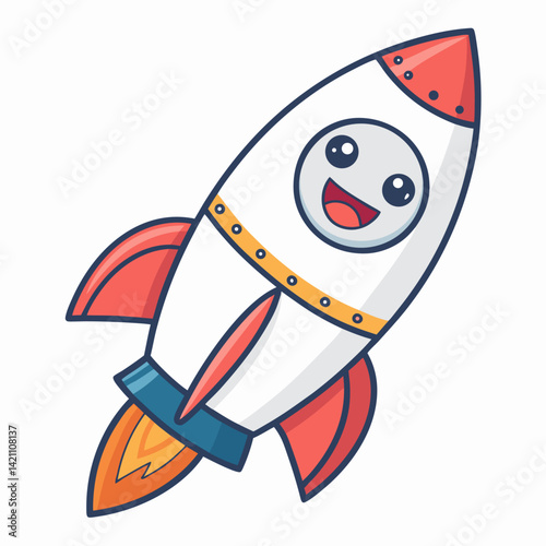 Create a bold, vector illustration of a cartoon rocket ship, 2D style, with thick black outlines.  Emphasis on clean lines and simple shapes.