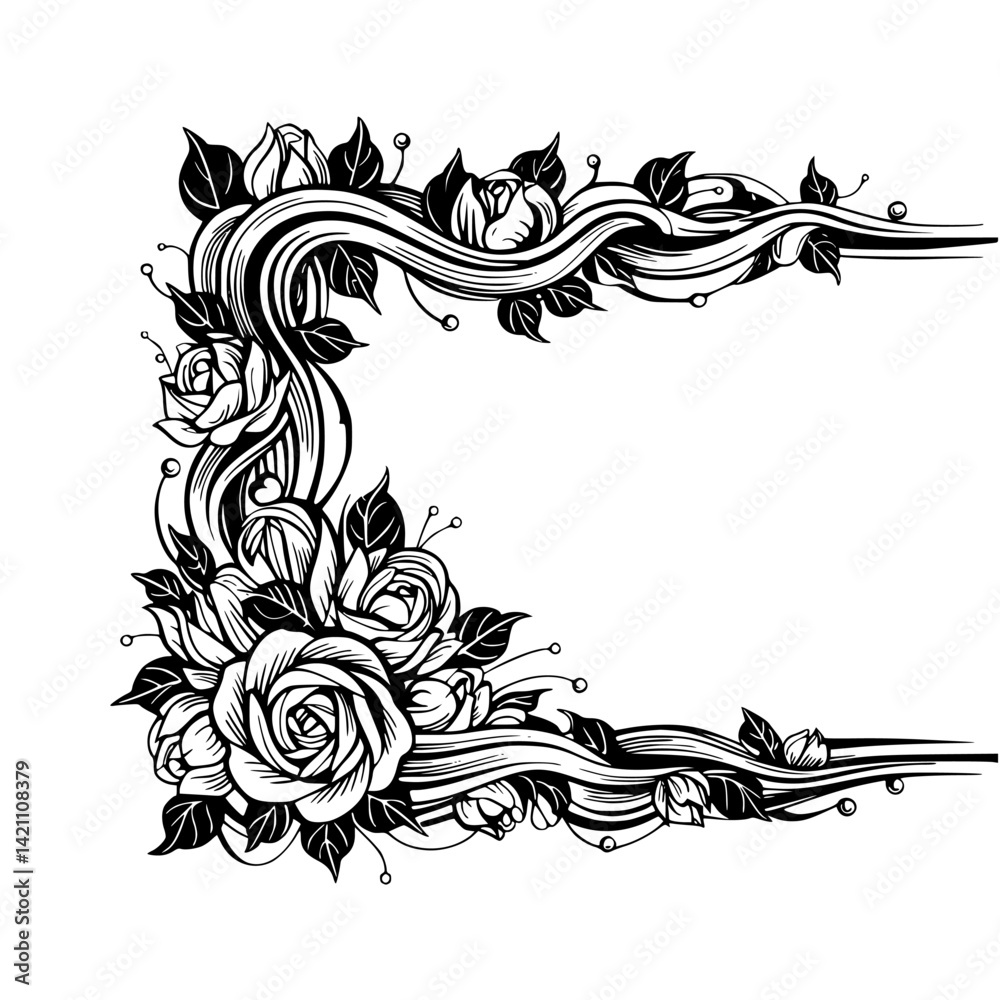 Fototapeta premium Elegant Black and White Floral Corner Frame, Vector Design