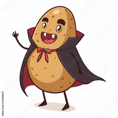 Create a vector illustration of a bold, cartoon vampire with thick outlines, showcasing a friendly, comical expression.  Include fangs and cape.