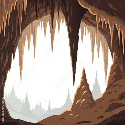 Create a vector illustration of a bold, dark, 2D cave background with rough, textured walls and a sense of depth.  Include stalactites and stalagmites.