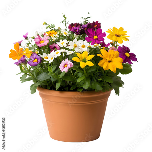 Vibrant Summer Flower Pot: Colorful Blooms in Terracotta Planter on white background