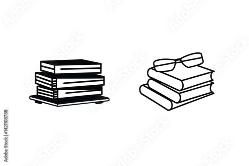 Book Stacks And Glasses Line Art Education Study Illustration Set