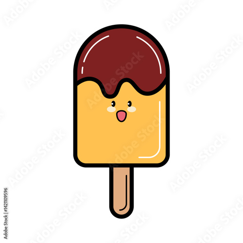 yellow and chocolate dipped popsicles with cute face icon vector art