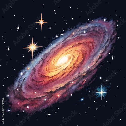 Design a bold, vector illustration of a 2D galaxy background featuring vibrant nebulae and stars with thick, clearly defined outlines.