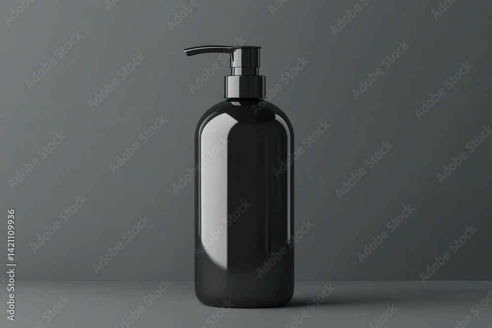 A sleek, black pump bottle sits on a solid gray surface, minimalist style. Use for product mockups, showing soap, lotion, or other liquid container.
