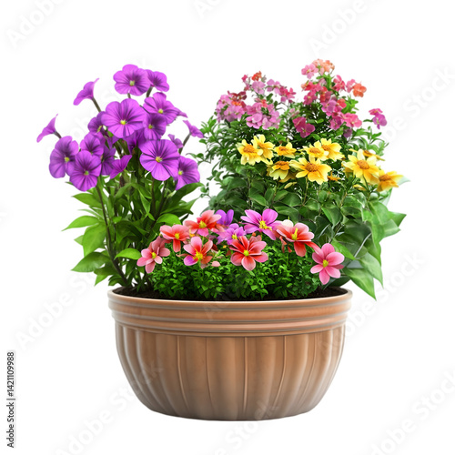 Vibrant Flower Pot: Colorful Blooms in Brown Planter on white background