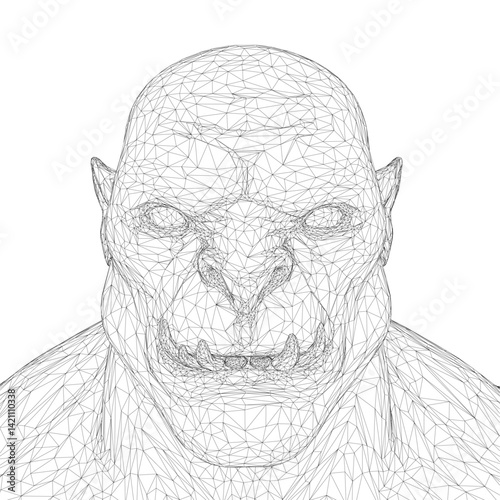 A Orc with a large head and a menacing look on his face. The image is black and white and he is a cartoonish rendering of a character. Scene is dark and foreboding