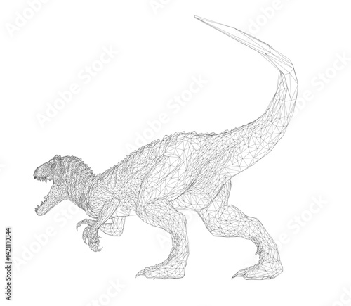 A dinosaur is shown in a black and white drawing. The dinosaur is large and has a long tail. The drawing is simple and has a moody feel to it