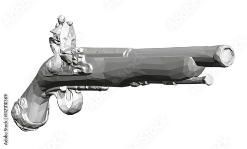 A silver gun with a black handle. The gun is a replica of a pistol. The gun is in a black and white illustration. 3D