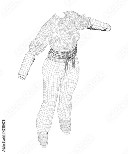 A woman's cloth is shown in a black and white drawing. The drawing is of a woman wearing a white shirt and black pants. The woman's arms are crossed, and she is standing with her hands on her hips