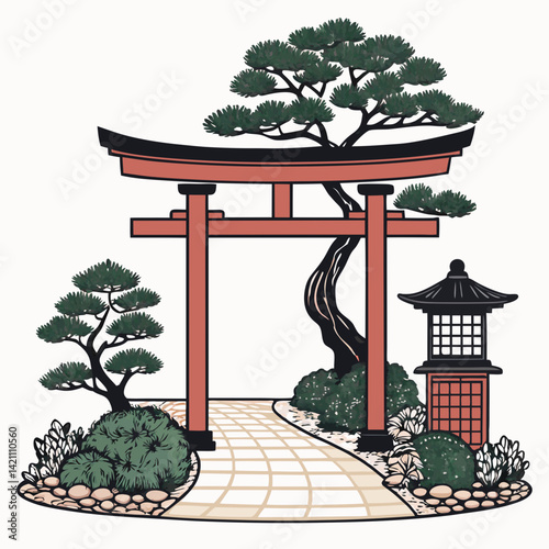 Create a bold, vector illustration of a stylized 2D Japanese garden featuring a rock garden, bonsai trees, and a lantern.  Use strong black strokes.