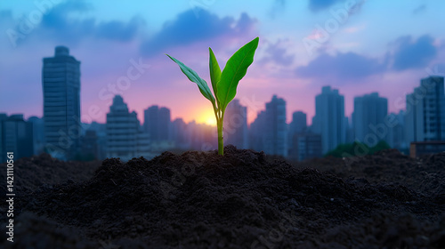 Small Plant Sprouting in Urban Soil at Sunrise
