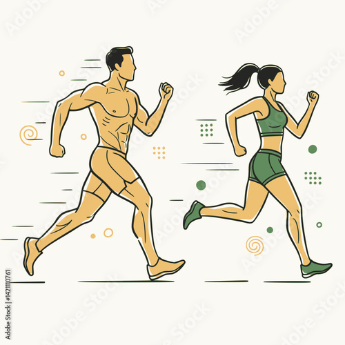 Running man and woman, vector illustration. Run, side view. Drawing of athletic looking male and female runners running. EPS 10 version.