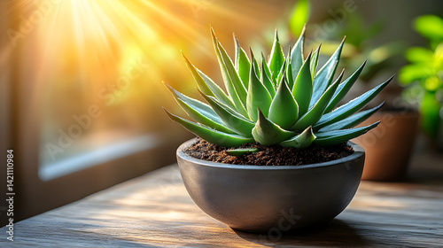 Green Succulent in Gray Pot on Wooden Table in Sunlight