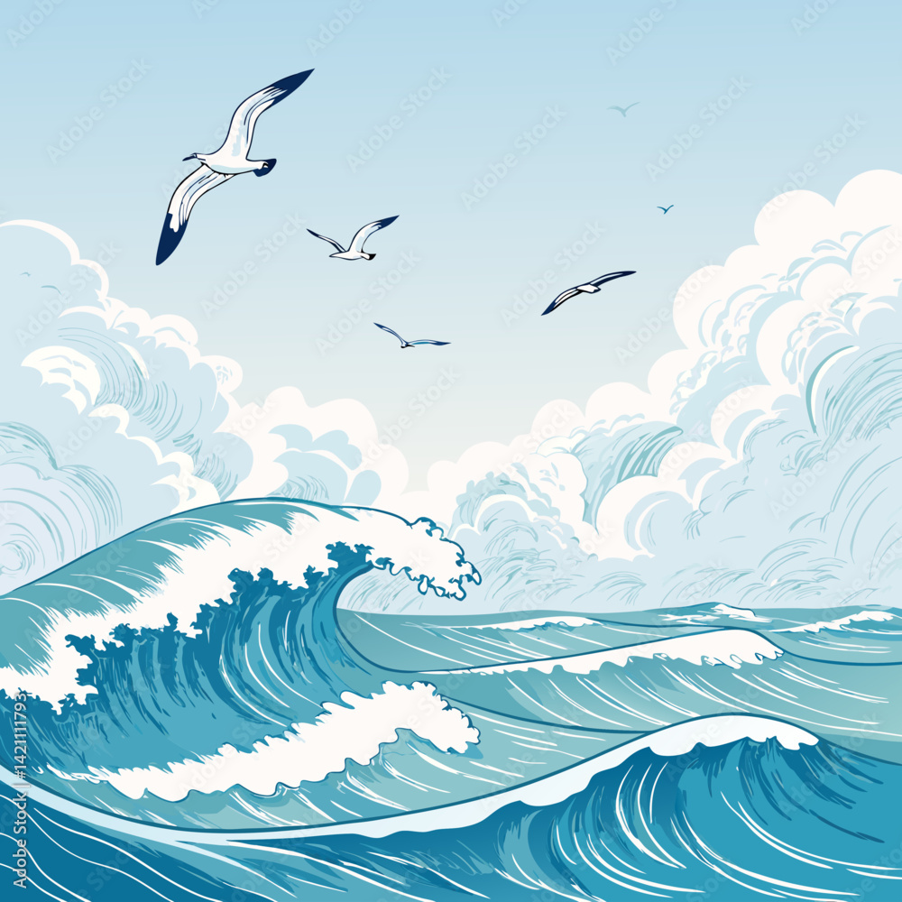 Fototapeta premium Create a bold, vector illustration of stylized 2D ocean waves receding, emphasizing strong, thick outlines. High contrast, clean lines.