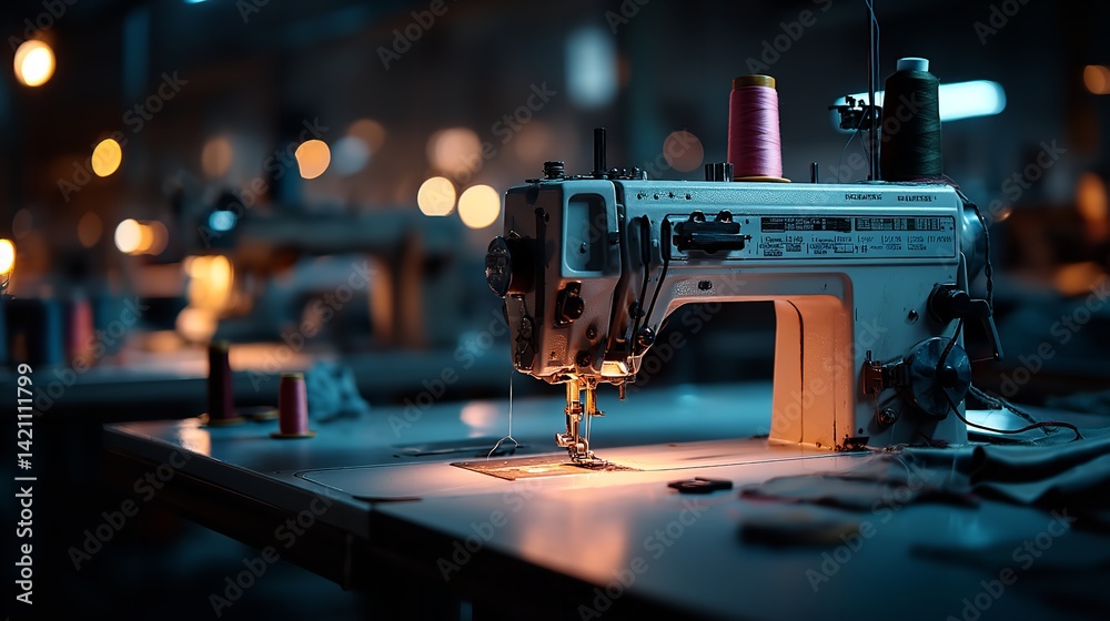 Fototapeta premium Modern Sewing Machine on Work Table in Textile Factory – Creative Night Mood with Color Grading for Production Concept