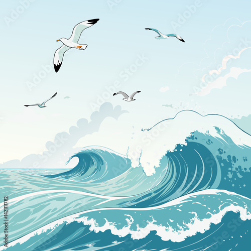 Create a bold, vector illustration of stylized 2D ocean waves receding to the background, featuring strong black outlines and a gradient fill.