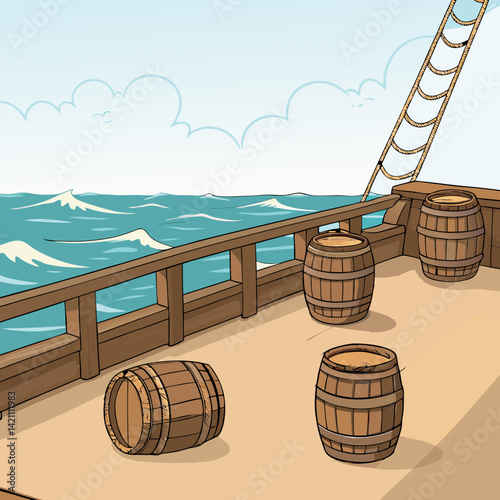 Create a vector illustration of a bold, black stroked 2D pirate ship deck, emphasizing planks and details.