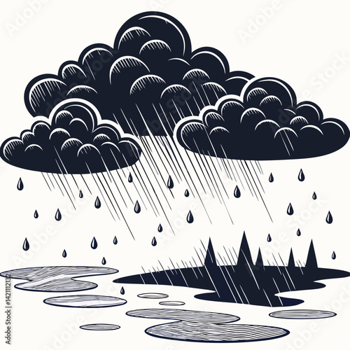 Design a bold, vector illustration of a rainy 2D background with heavy, stylized raindrops and a dark, moody atmosphere.