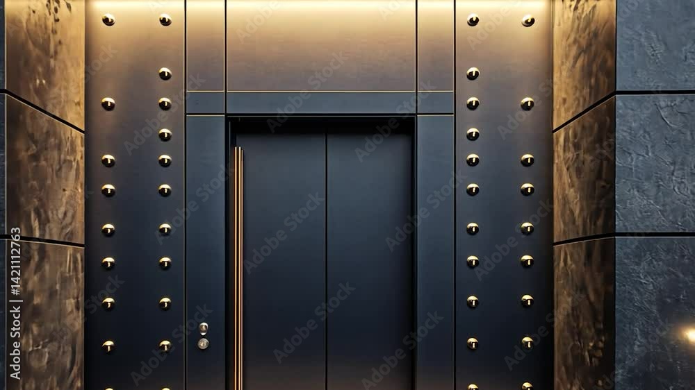 Modern black elevator doors in a stylish building exterior at night