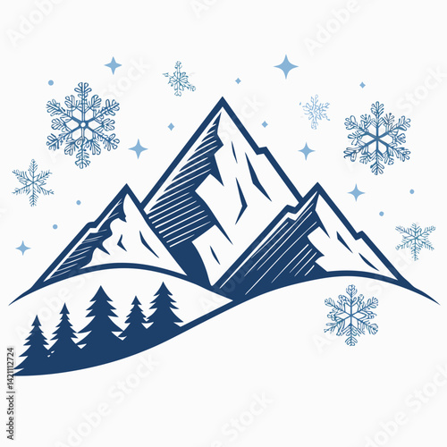 Create a bold, vector illustration of a stylized 2D snow-capped mountain range, featuring thick black outlines and a minimalist design.