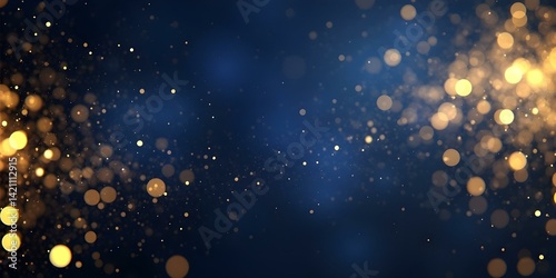 Dark blue background with gold glitter and bokeh effect, resembling a night sky with stars , creating a magical and dreamy atmosphere 