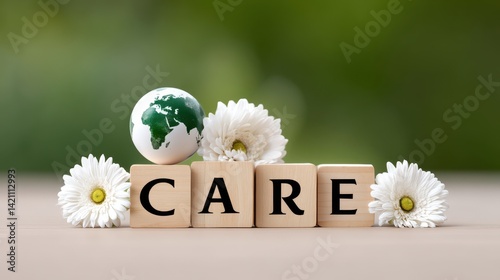 A wooden block display featuring the word  CARE  alongside a small globe and white daisies symbolizing the importance of environmental awareness and sustainability on a global scale
