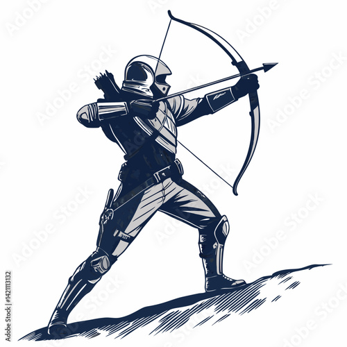 Create a vector illustration of a battle-ready archer, bold black strokes, dynamic pose, intense expression, detailed clothing and equipment.