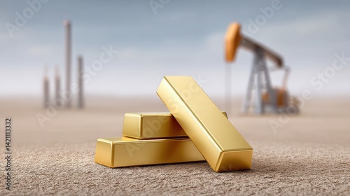 A stack of shiny gold bars resting on the rocky arid surface of a desert landscape with oil pumping equipment visible in the background symbolizing the extraction and refinement of natural resources
