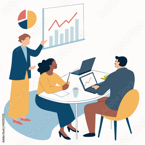 Create a bold, vector illustration of a business meeting, emphasizing strong outlines and simplified shapes.  Include diverse attendees and a conference table.