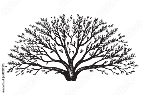 A vector illustration of black tree branches with small leaves, on a white background  