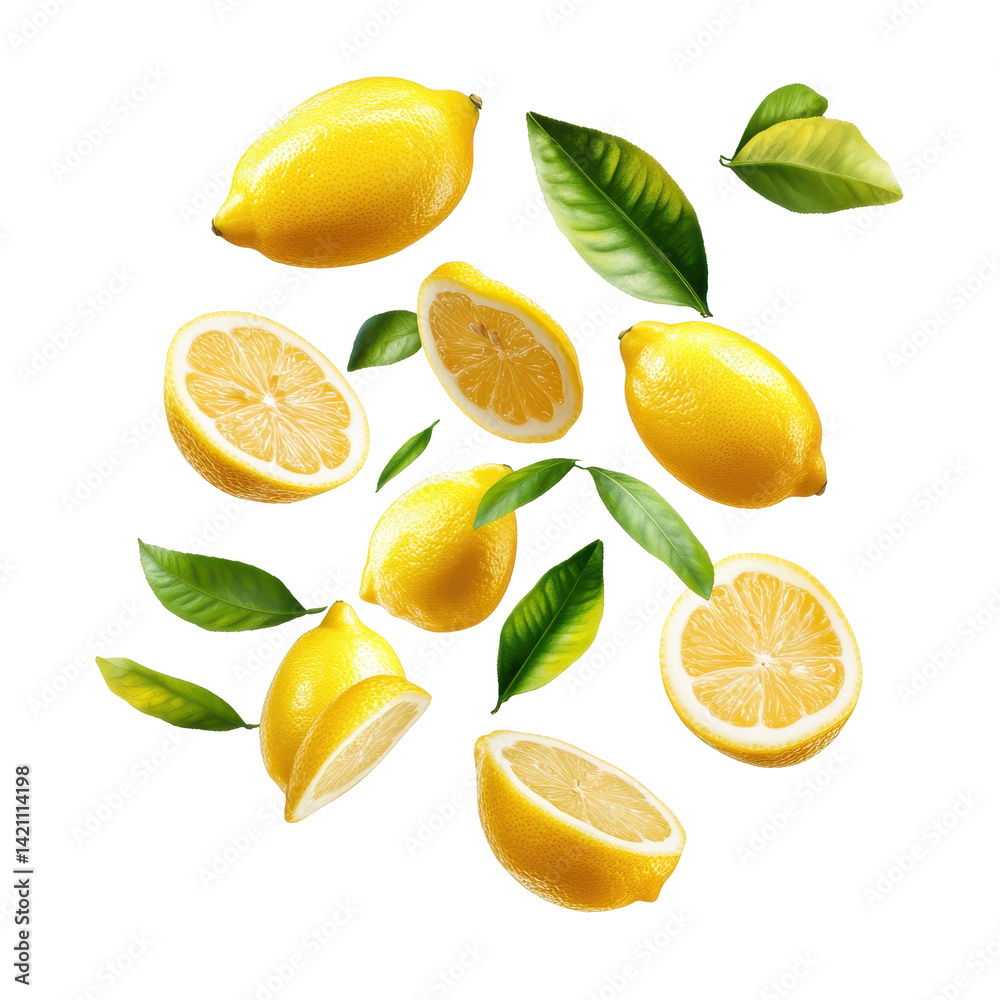 Falling lemons with bright yellow color and green leaves captured mid air on white background