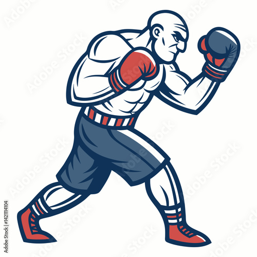 Create a vector illustration of a cartoon boxer with bold, black outlines, showcasing dynamic pose and exaggerated features.