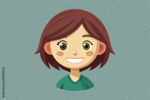 Illustration of a cheerful cartoon character with brown hair, green eyes, and a big smile on a green background.
