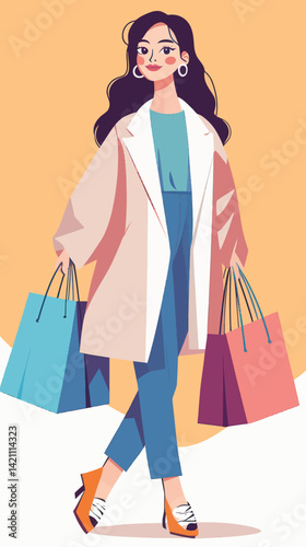 Chic Korean Fashion Model with Shopping Bags in Minimalist Vector Style for Lifestyle Concepts