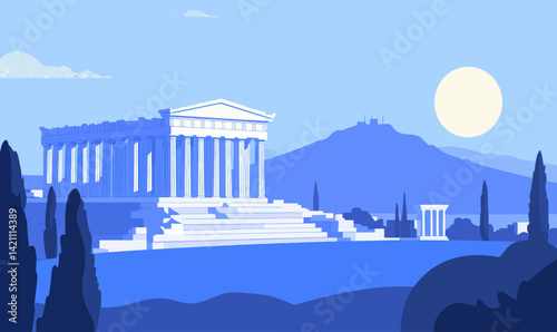 Minimalist Vector Illustration of the Acropolis of Athens in Greece with Parthenon