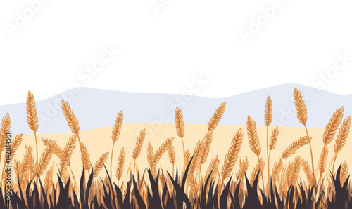 Minimalistic Wheat Field Vector Illustration with Rolling Hills and Sky