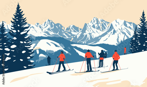 Minimalist Vector Ski Vacation Scene with People on Snowy Mountain Slope
