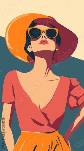 Stylish Minimalist Vector Fashion Woman in Sun Hat and Sunglasses Illustration for Apparel Design