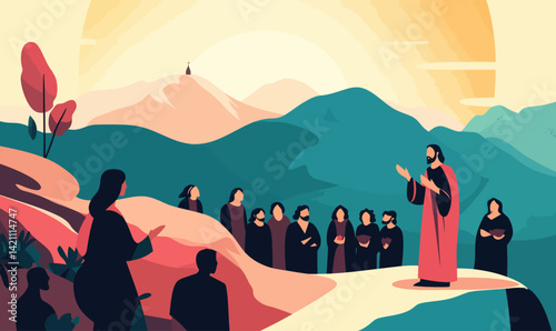 Jesus Teaching Beatitudes in Sermon on the Mount Minimalist Vector Illustration
