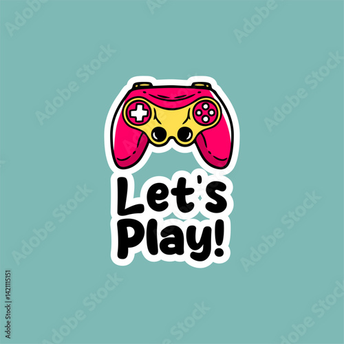 A cute and playful cartoon illustration featuring a pink and yellow gamepad with black buttons and joysticks. Below the gamepad is the text Let's Play! in bold black letters with a white outline