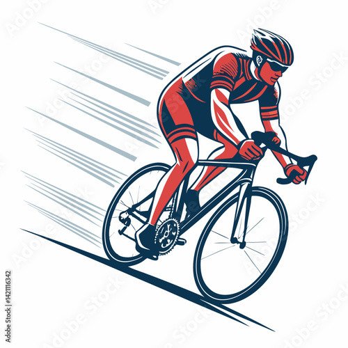Create a vector illustration of a cyclist, bold outlines, dynamic pose suggesting high speed, minimalist style.