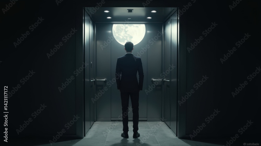 Obraz premium Elevator moment business suit encounter in a modern office environment captured from behind reflecting ambition
