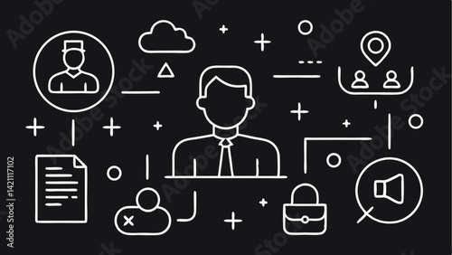 Thin line style vector illustration depicting business themes such as teamwork, strategy, or success for use in professional content and branding visuals.