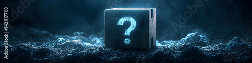 Mystery box in a foggy cinematic landscape with glowing question mark