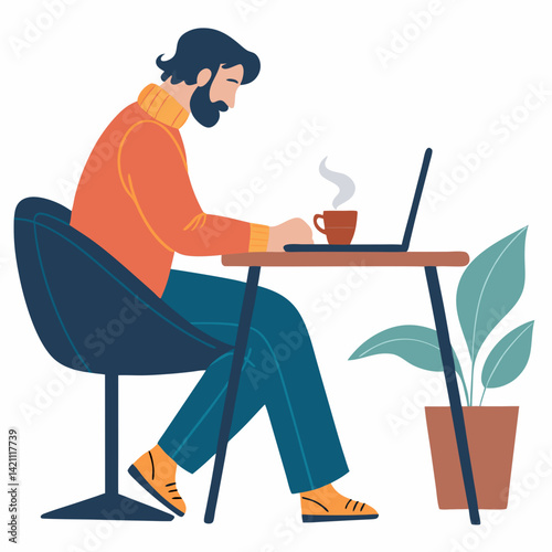 Create a bold vector illustration of a freelancer working at a laptop, showcasing focus and productivity.  Include modern design elements.